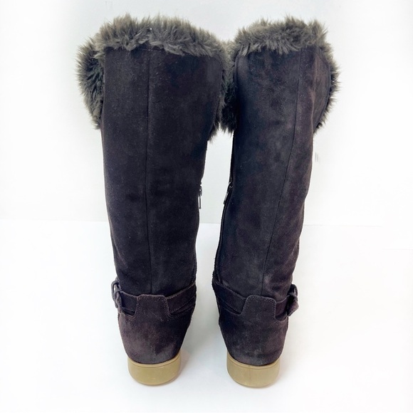 Lands End Mendota Suede Tall Boots Faux Fur 7 Leather Chocolate Brown Cabincore - Picture 6 of 11